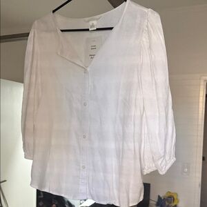 H&M White Linen-Blend Button Front Blouse